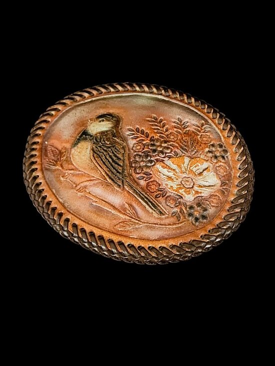 Vintage 1970s Hand Tooled Leather Trophy Belt Buckle XL 5x4” Songbird Floral